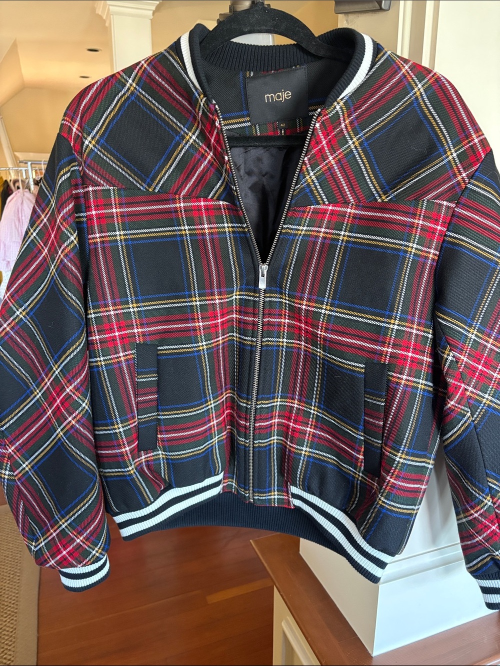Maje Black, Red & Blue Plaid Bomber Jacket